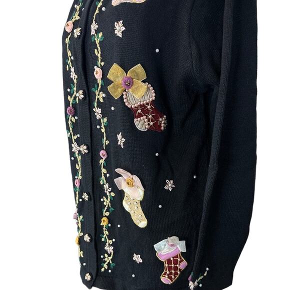 Vintage Christmas Sweater 3D Size Large Stockings Bows Grandma Ugly Beaded - Picture 4 of 10